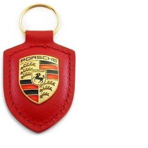 Red PORSCHE STUTTGART HOTROD  Leather Fob Crest KeyRing Key Cha…